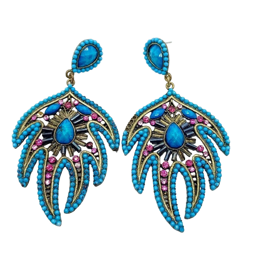 Vibrant peacock feather metal and jewel large statement pendant post earrings